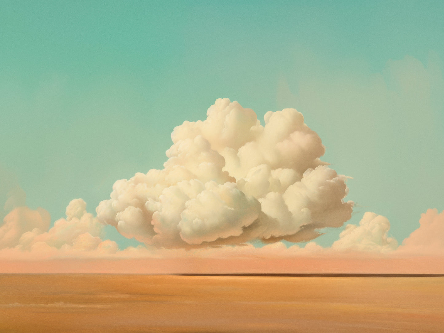 Plakat med kunstværket Cumulus – et drømmende motiv af en blød, hvid sky over et uendeligt landskab i varme sandtoner og en blid himmelblå baggrund.