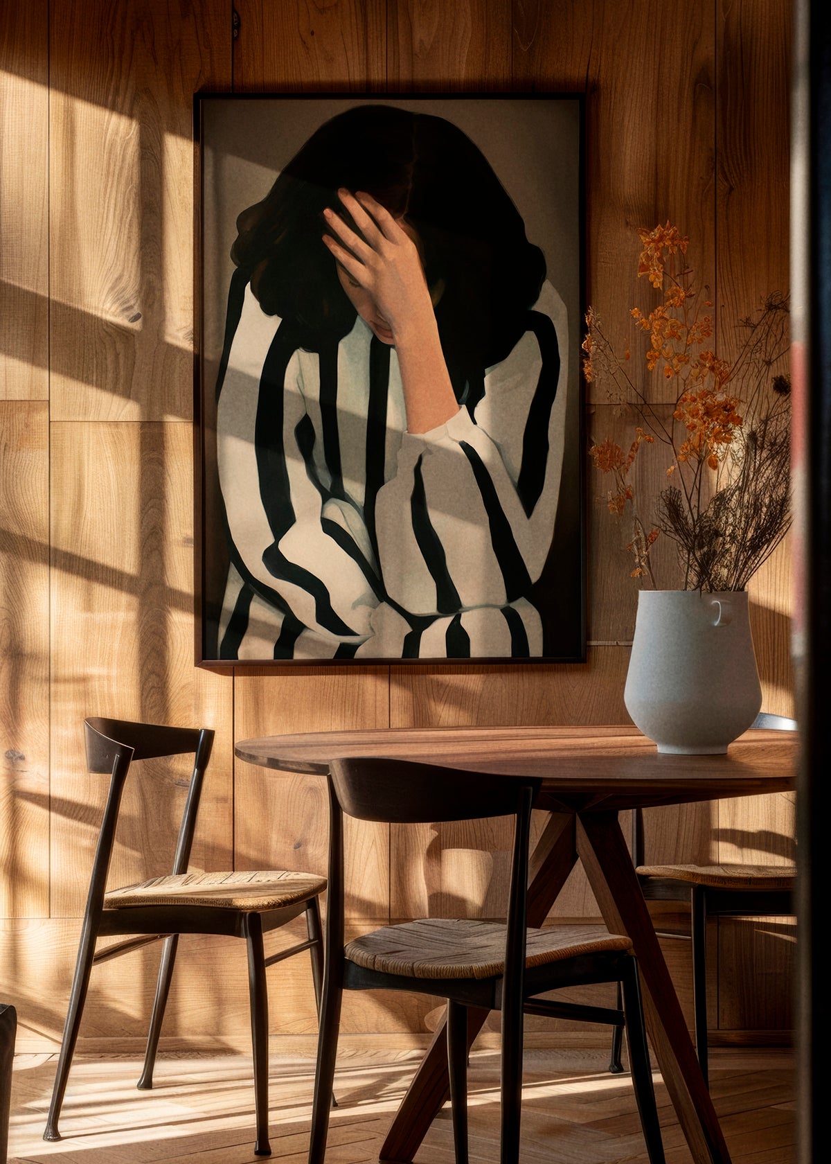 A living room with 'Eclipse' artwork on the wall, capturing a woman with her head lowered and hand over her face in a dramatic light and shadow composition.