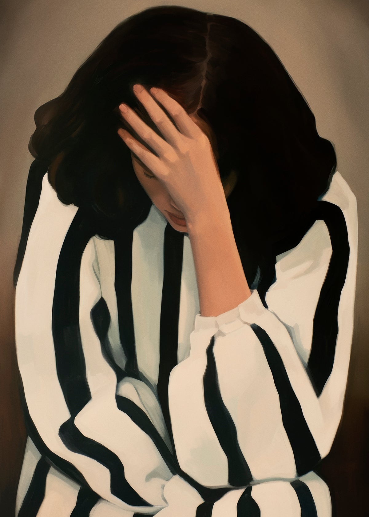 A framed artwork titled 'Eclipse' showing a woman in black and white striped attire, sitting with her head bowed and a hand covering her face, evoking a sense of introspection.