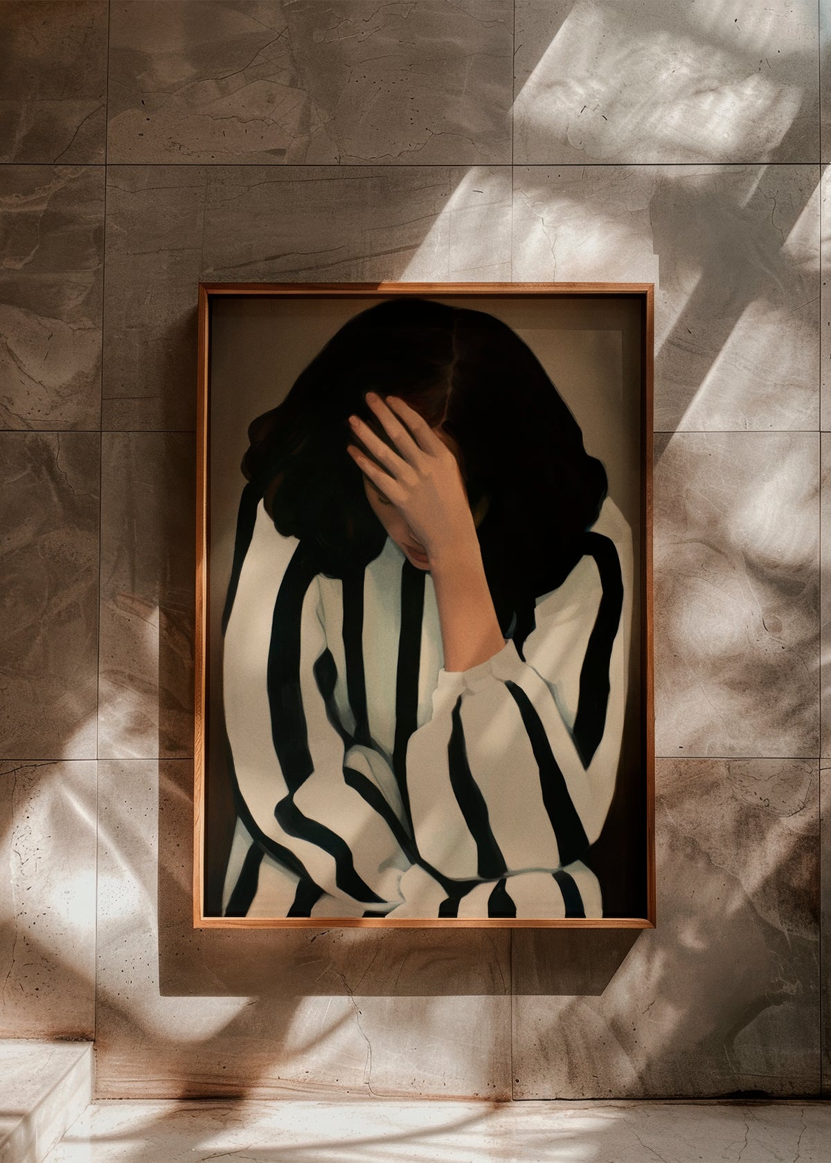 Close-up of the 'Eclipse' artwork, showcasing a woman in striped clothing, with muted tones and a reflective pose, adding depth to a minimalist space.